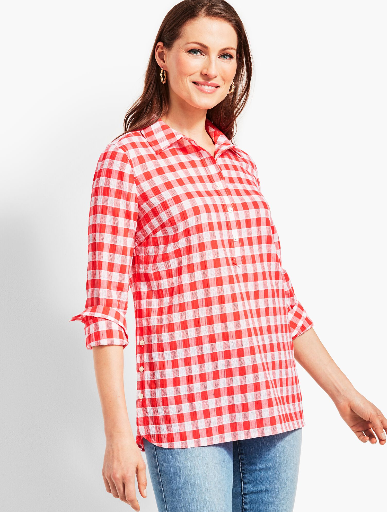 Dobby Popover Top-Gingham
