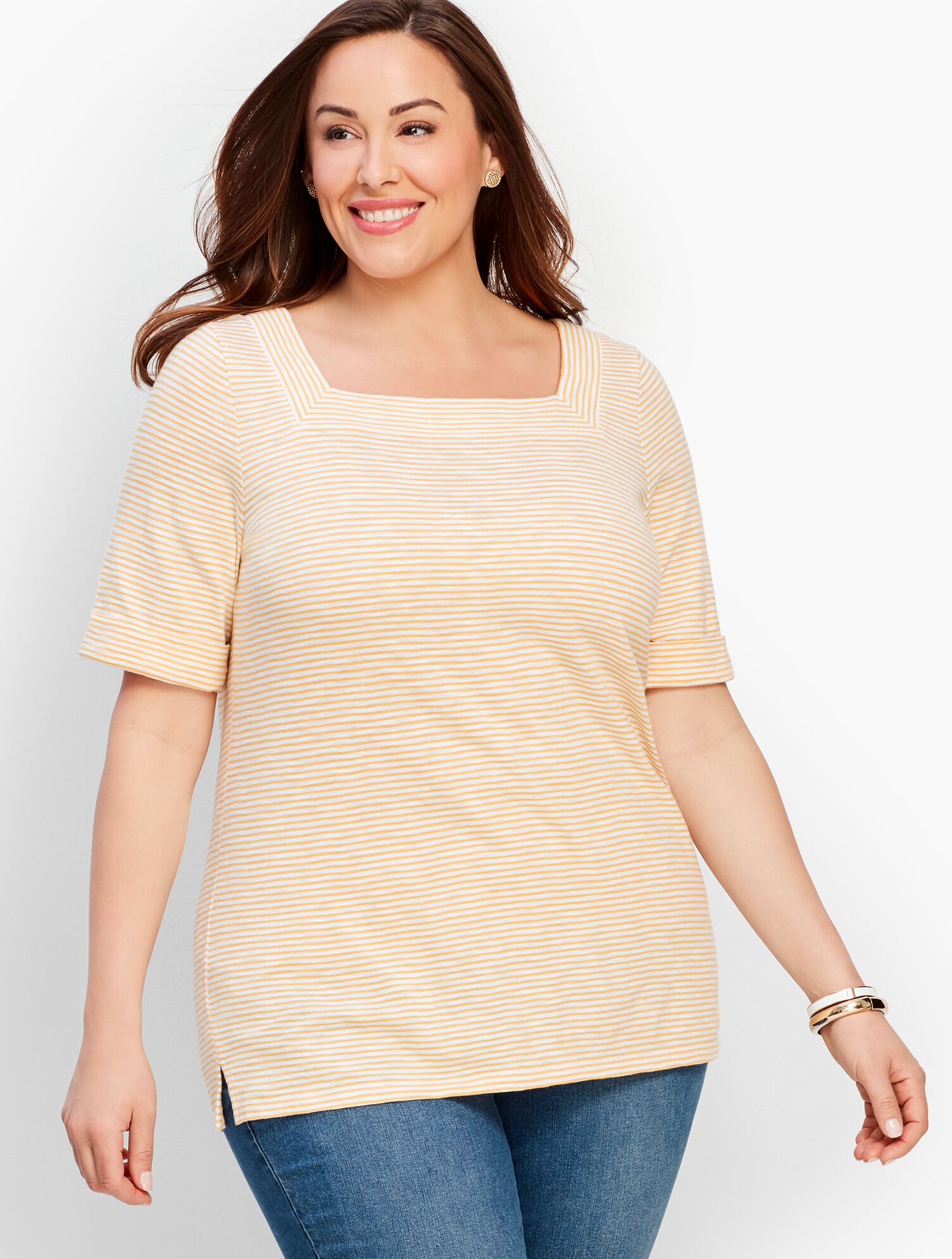 Roll-Cuff Square-Neck Tee - Edgartown Stripe