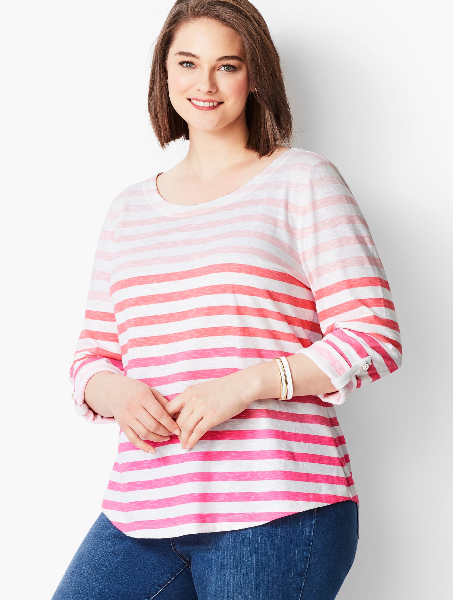 Cotton Roll-Cuff Top - Ombr&eacute; Stripe