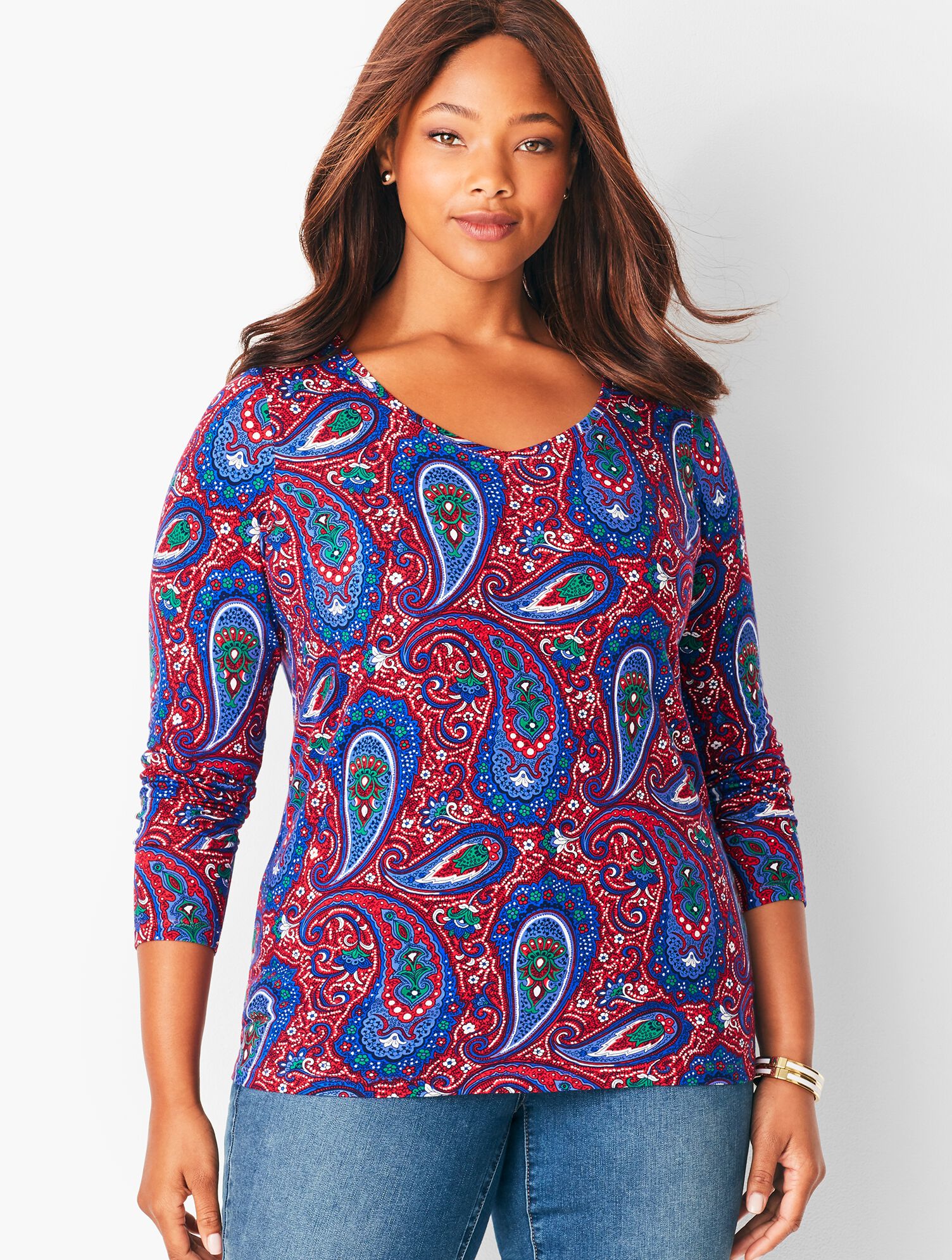 Long-Sleeve Cotton V-Neck - Paisley