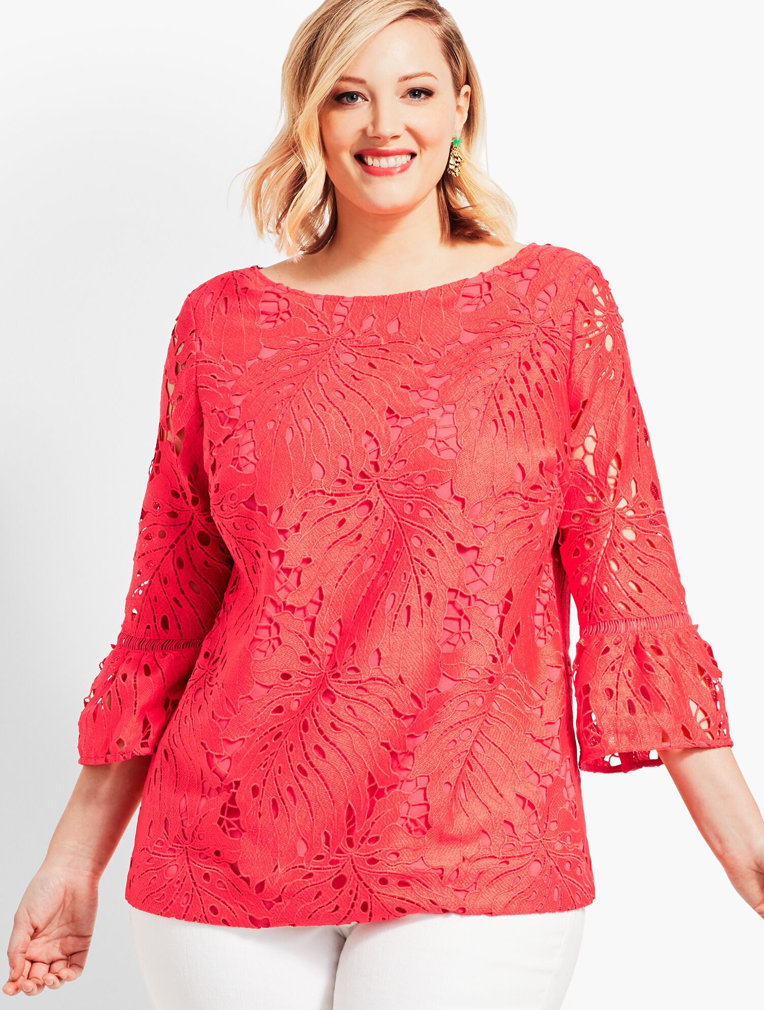 Leaf-Lace Flounce-Sleeve Top