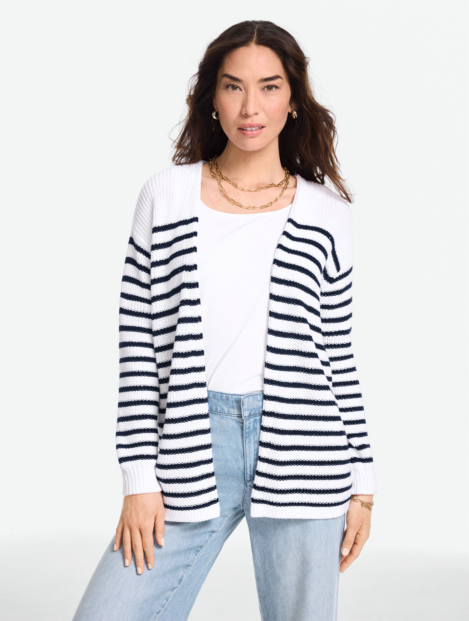 Shaker Stitch Open Front Cardigan - Stripe