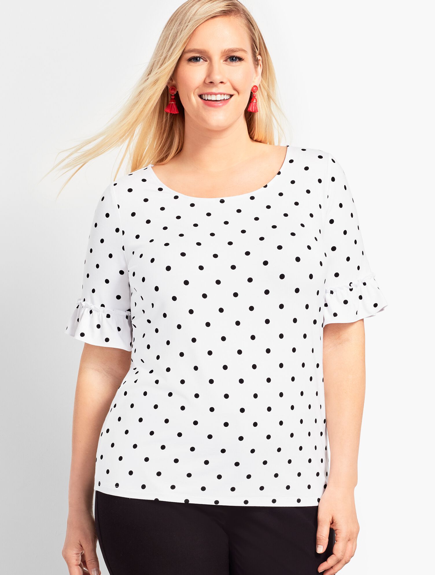 Dotted Flounce-Sleeve Top