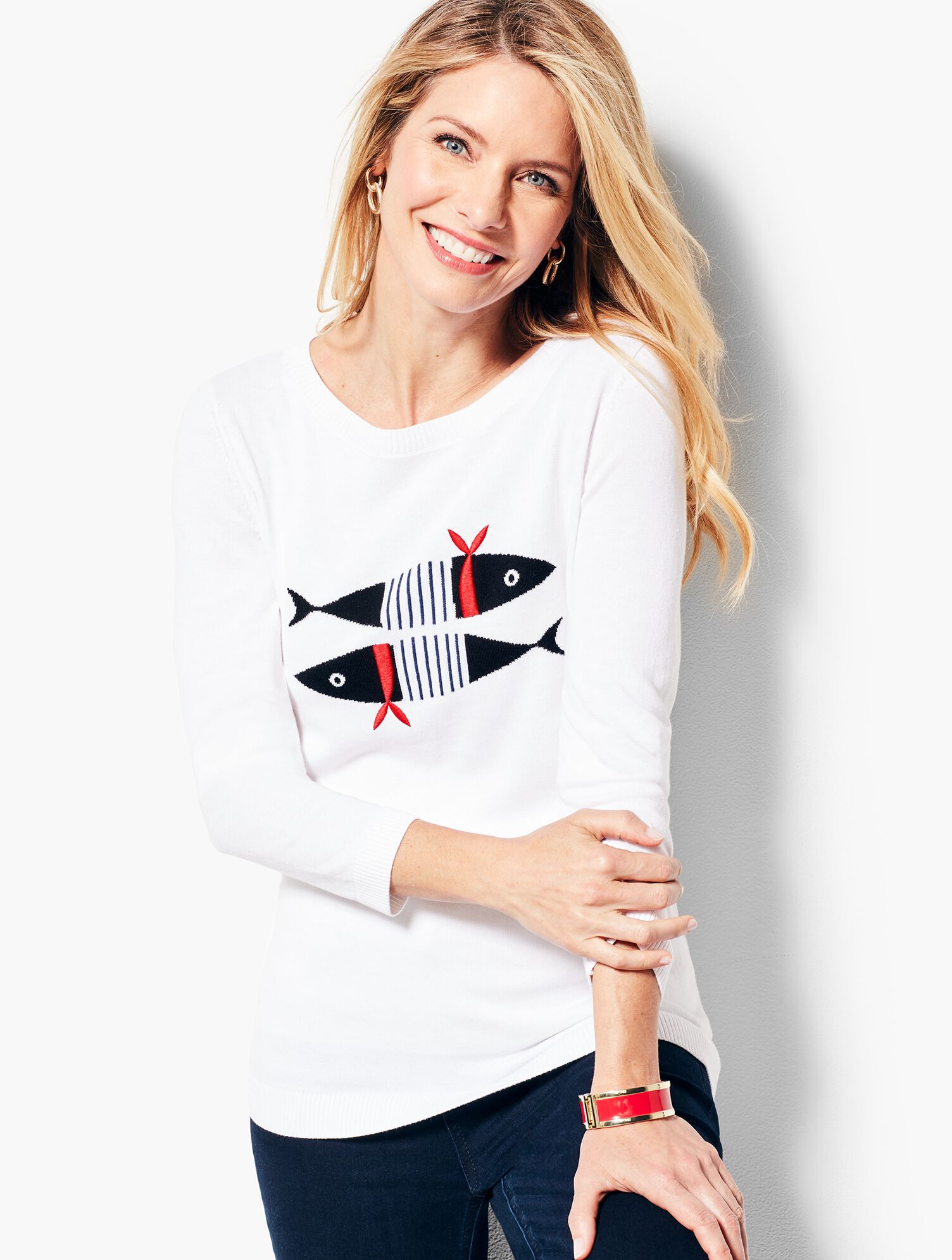 Three-Quarter-Sleeve Striped Fish Sweater