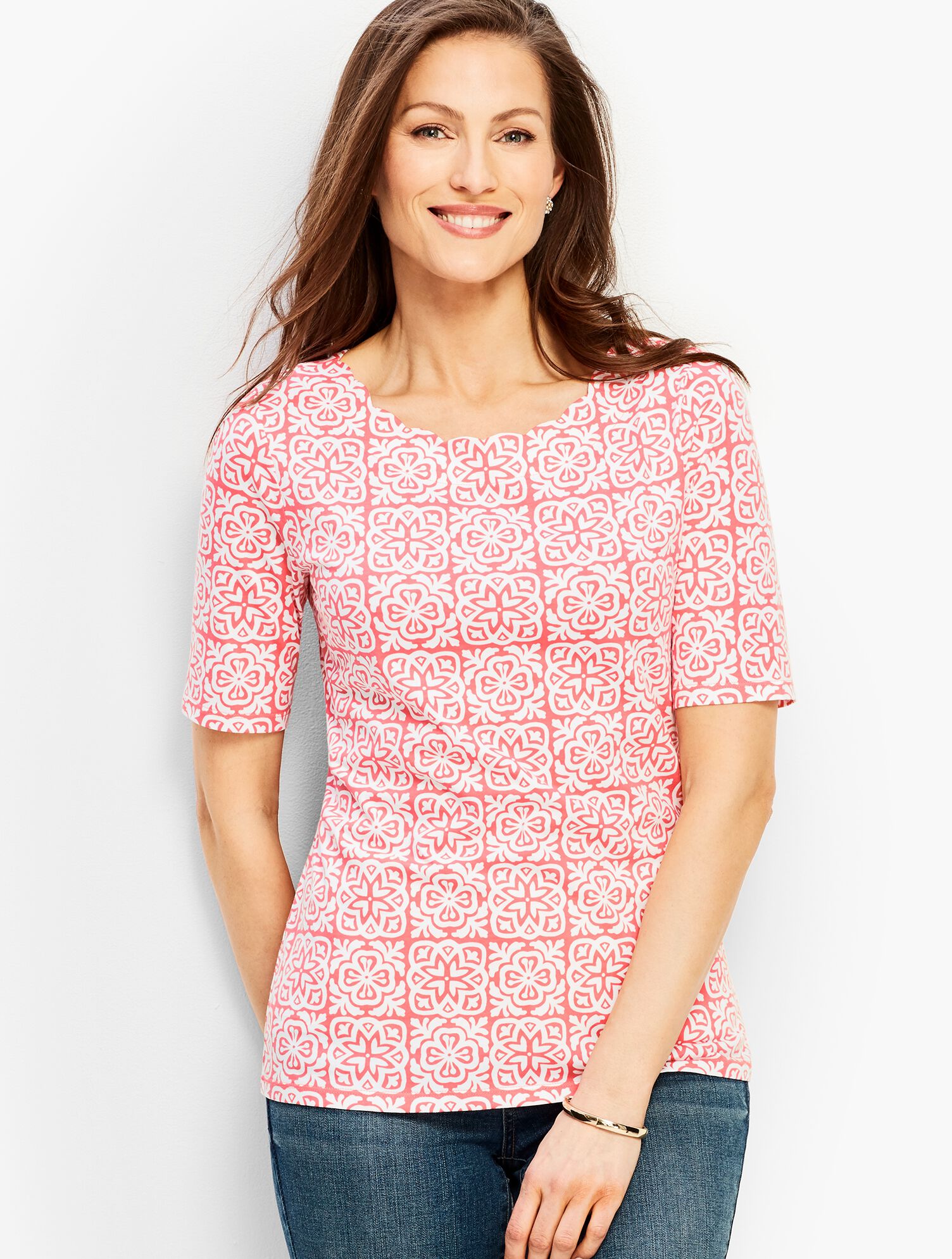Scallop-Neck Elbow-Sleeve Tee-Tile Print