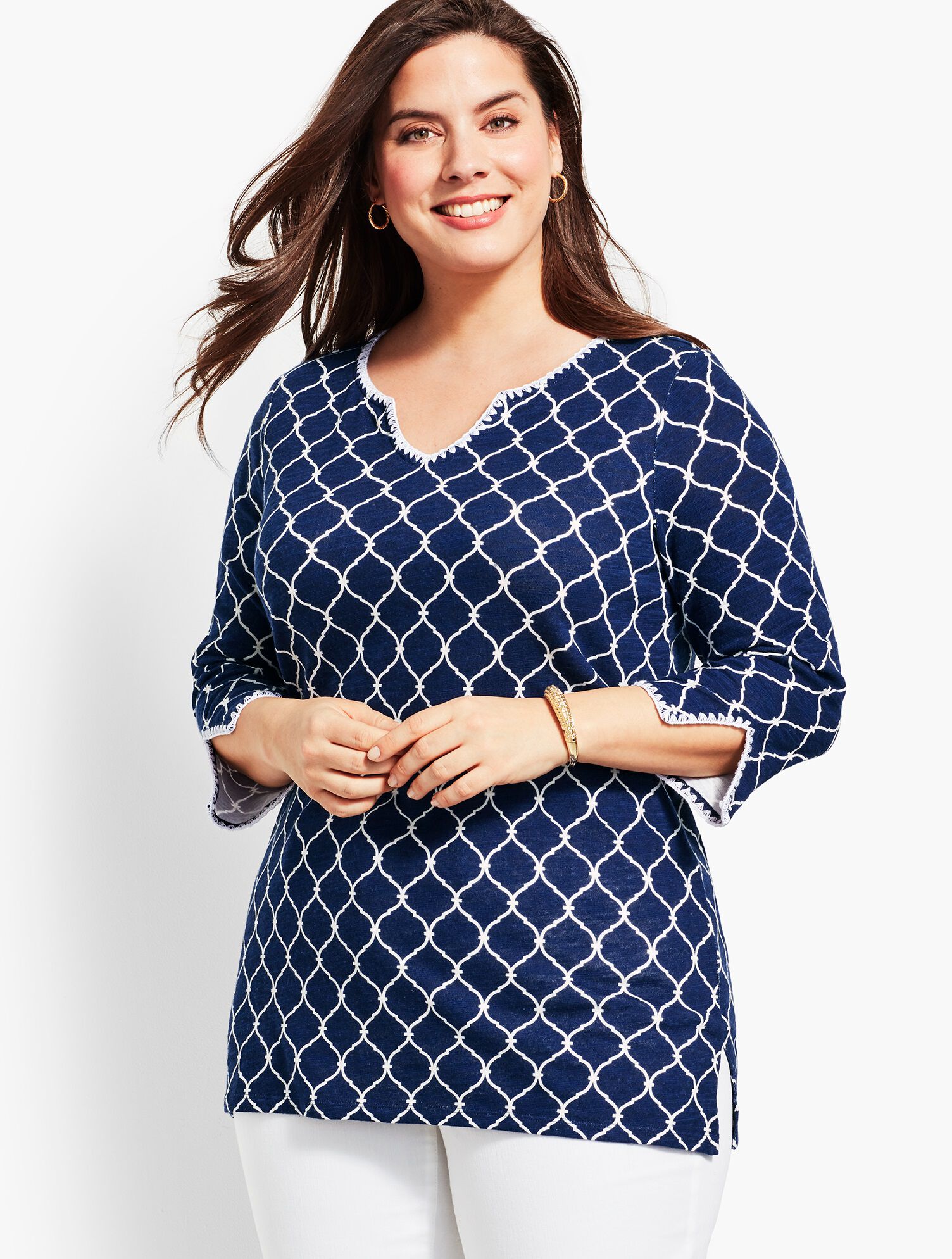 Embroidered Split-Neck Tunic - Geo Print