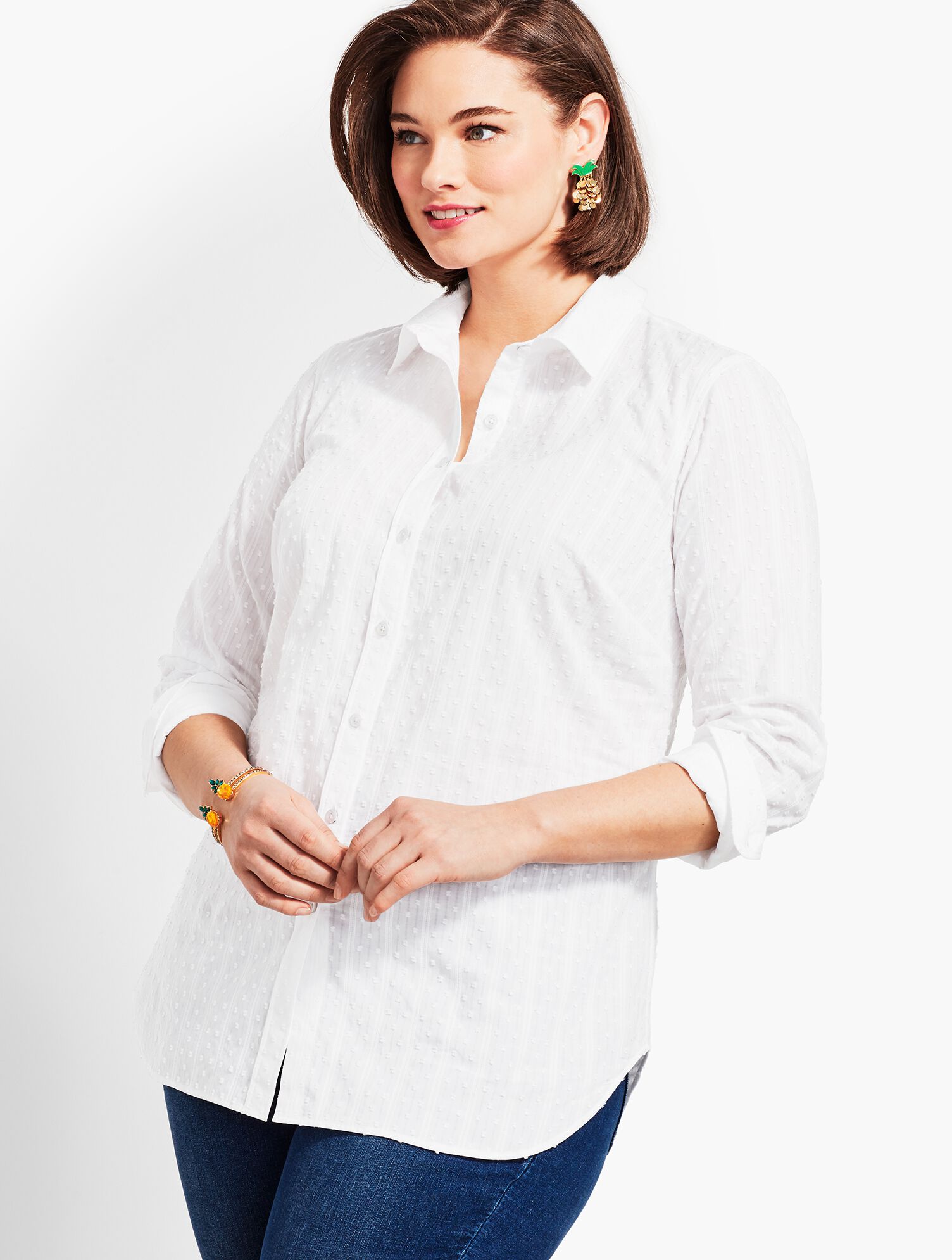 Long Sleeve Solid Shadow Swiss Dot Button Front Shirt
