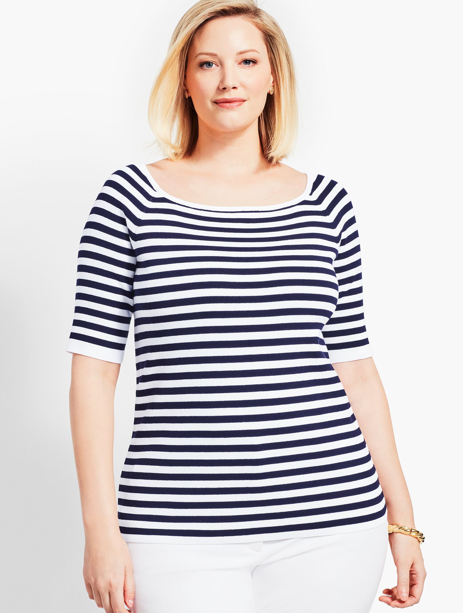 Resort Stripe Square-Neck Elbow-Sleeve Sweater Topper