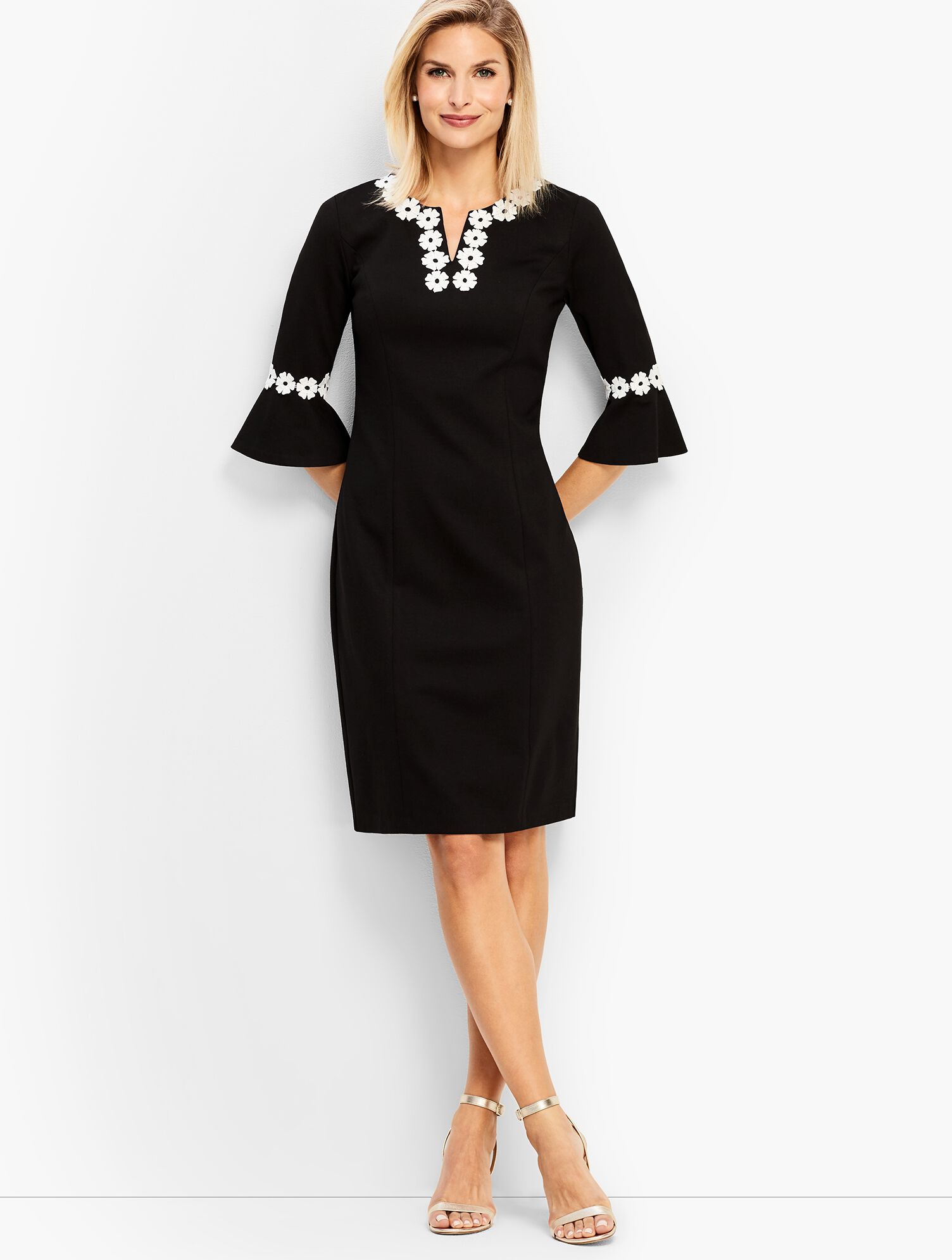 Embroidered Flounce-Sleeve Shift Dress