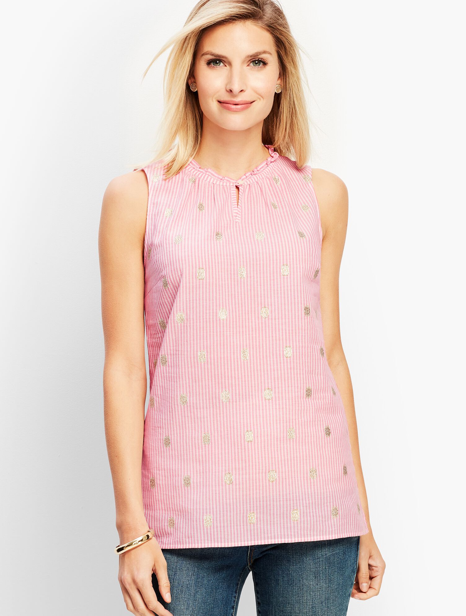 Metallic-Dot Stripe Jacquard Top