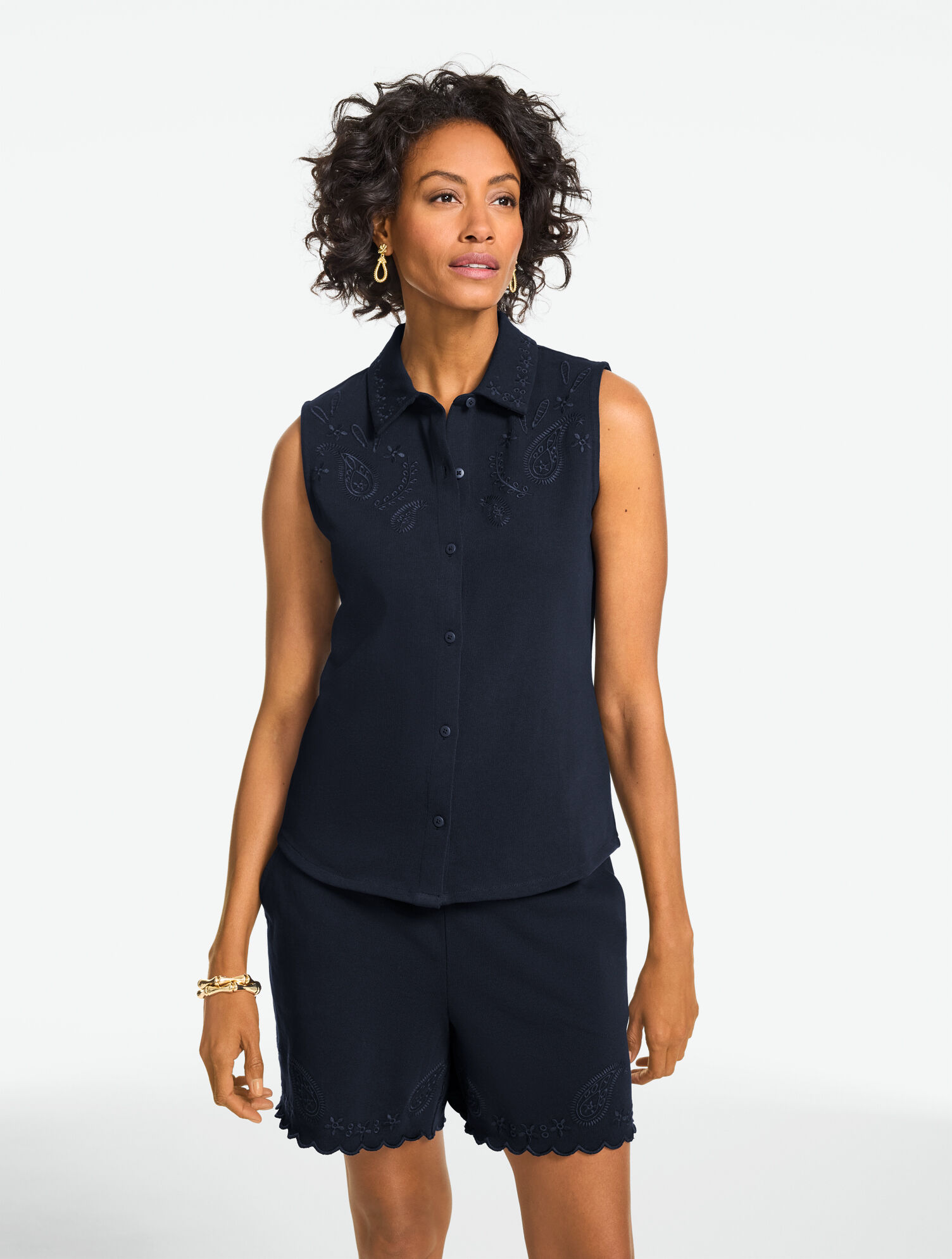 Eyelet Knit Sleeveless Button Front Top