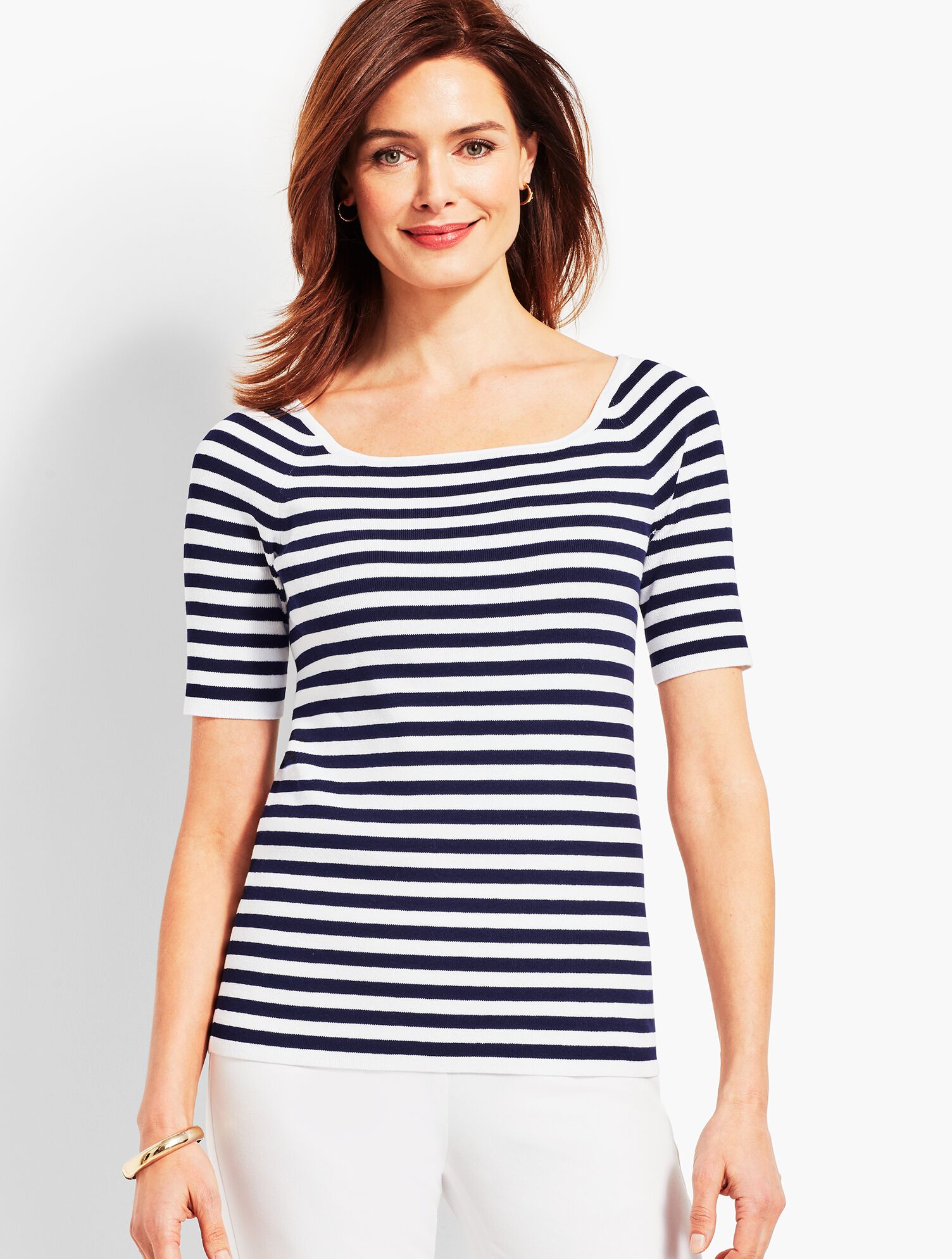Resort Stripe Square-Neck Elbow-Sleeve Sweater Topper