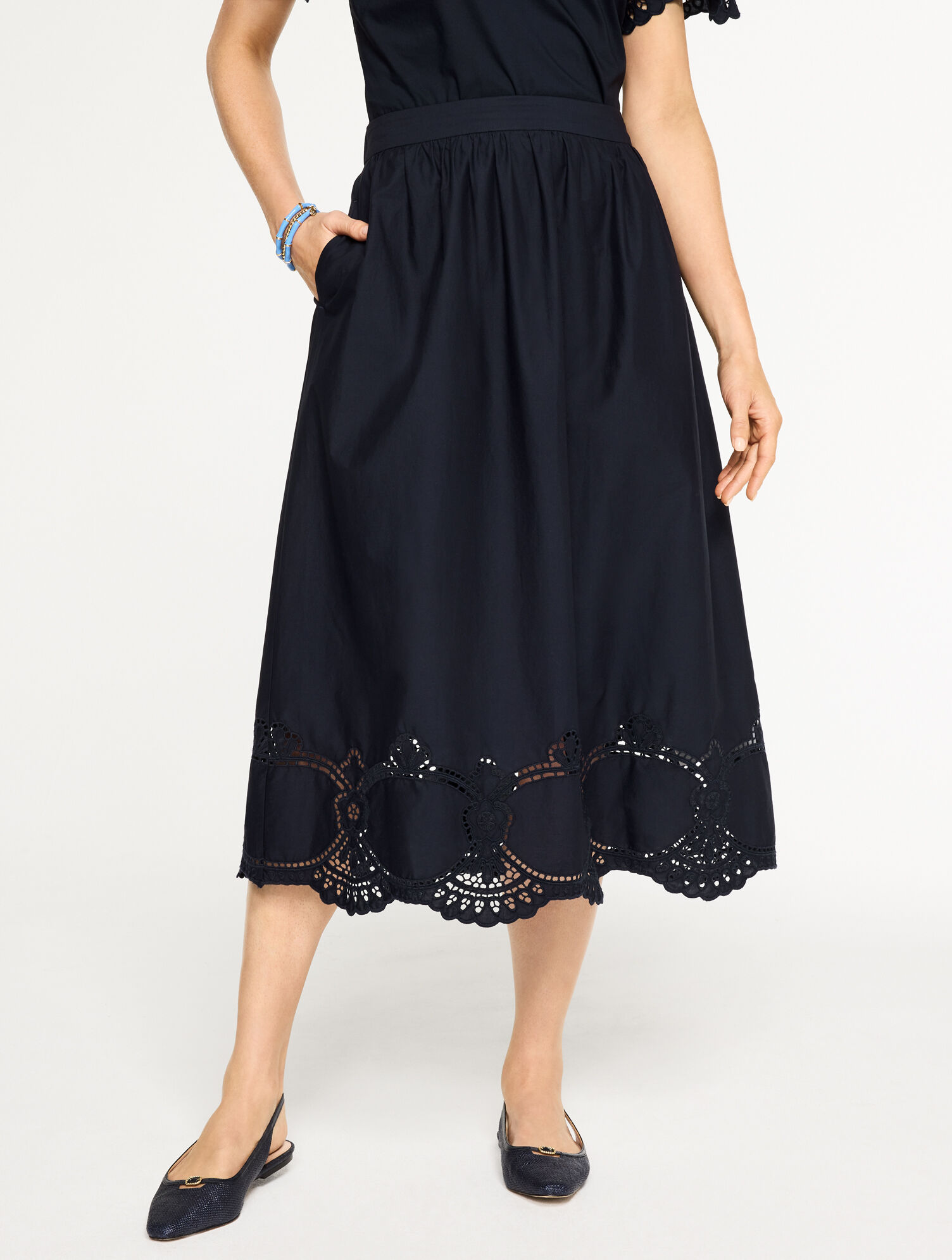 Embroidered Poplin Fit &amp; Flare Skirt