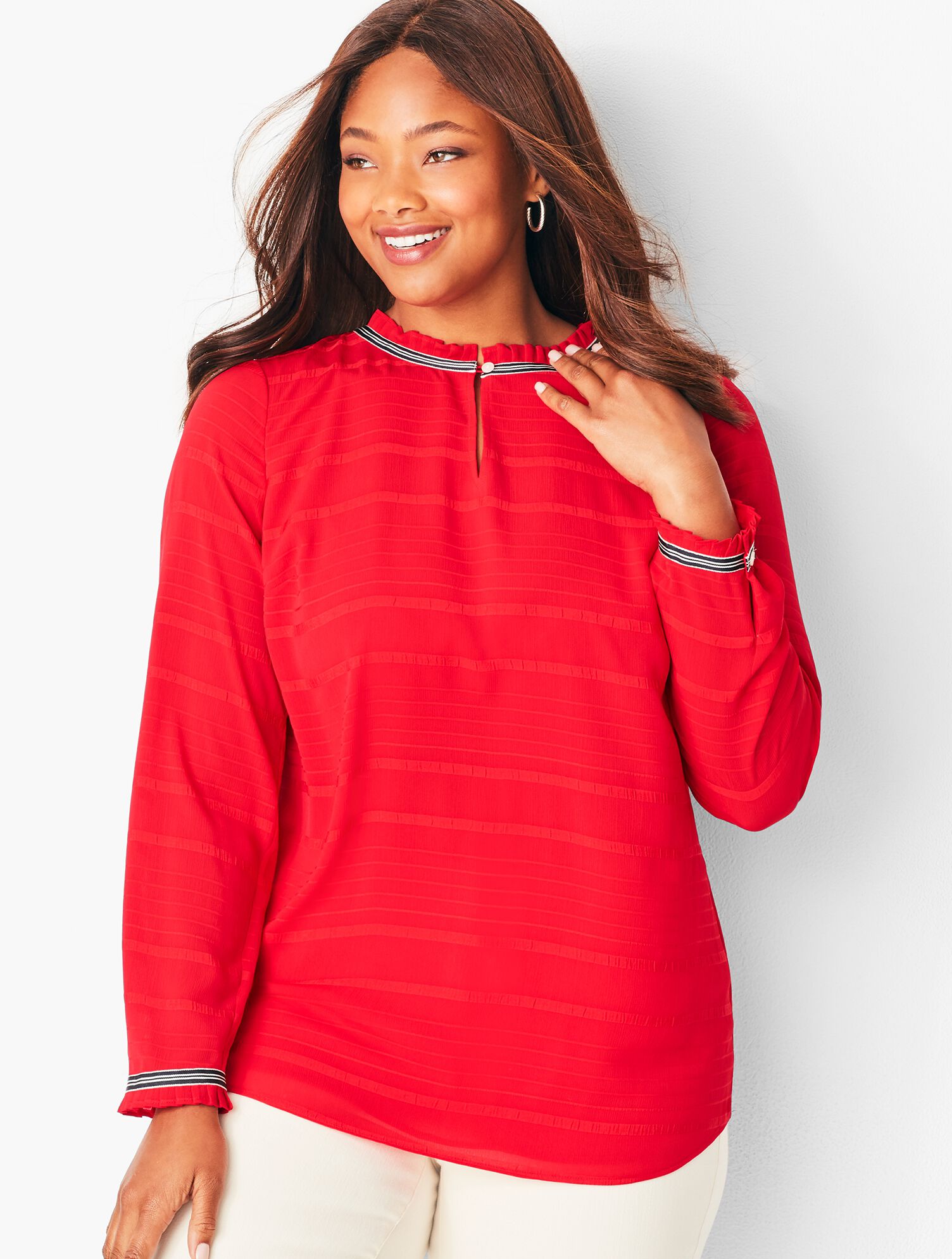 Grosgrain-Trim Crinkle Blouse