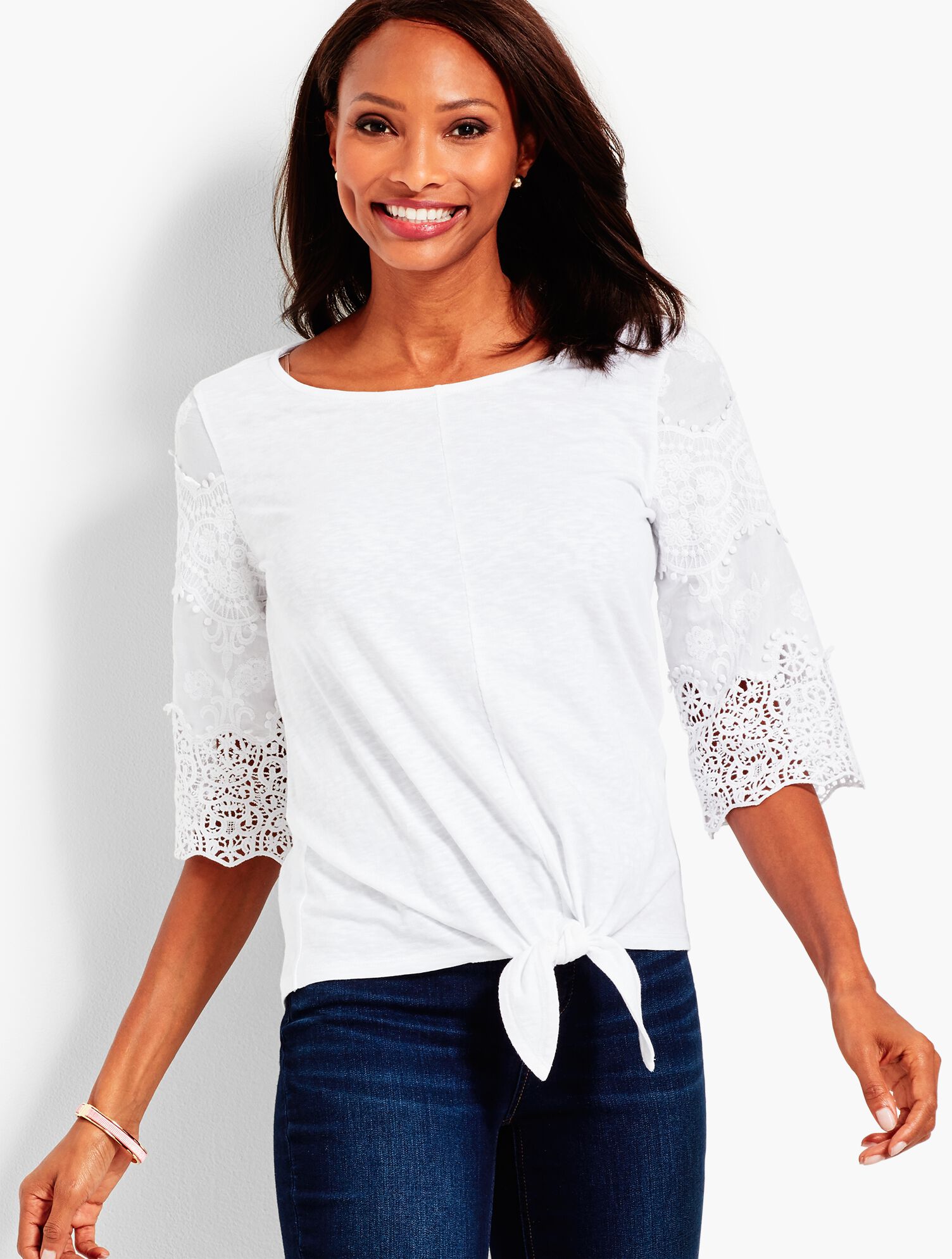 Lace-Sleeve Tie-Front Tee