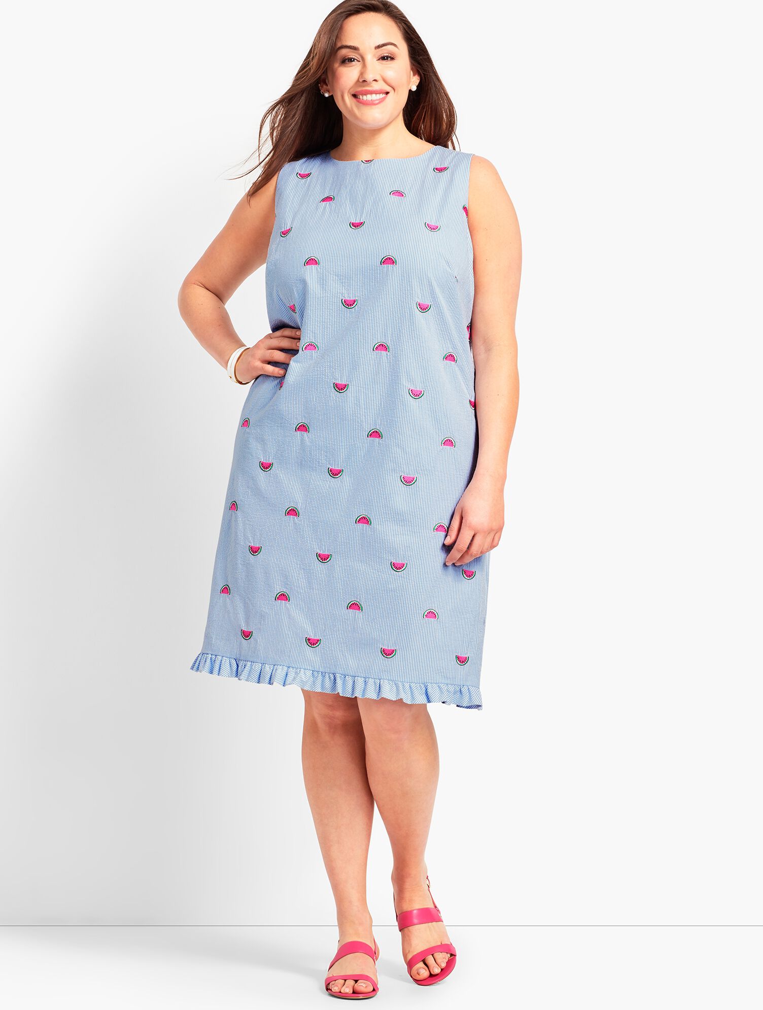 Watermelon-Embroidered Seersucker Shift Dress