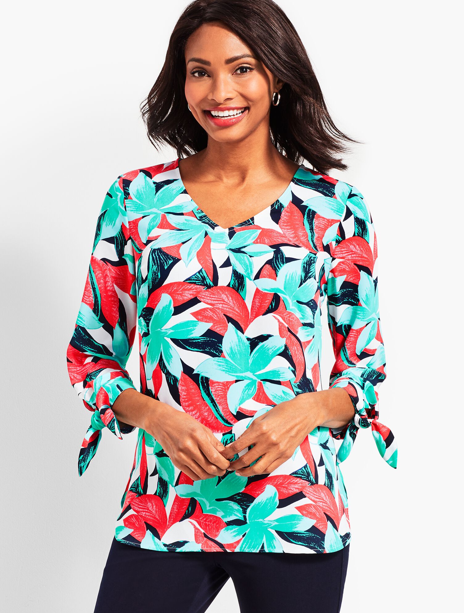 Tie-Sleeve Tropical Floral V-Neck Top