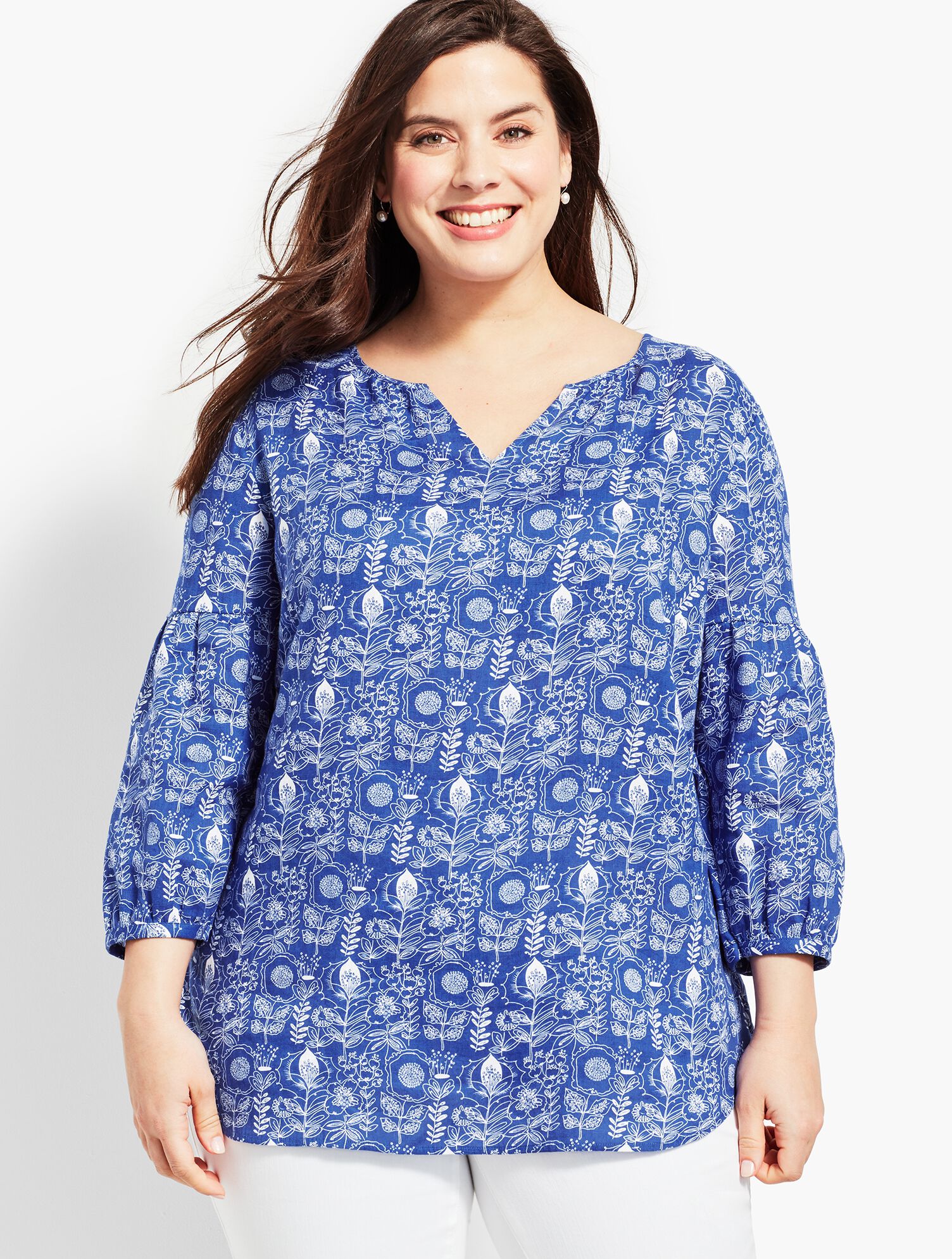 Linen Lantern-Sleeve Popover Shirt - Floral